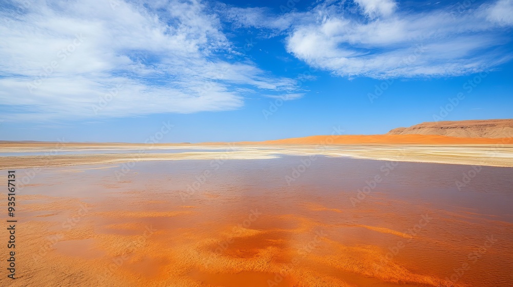Saharan landscape: Crimson lake, azure sky, golden sand Saharan landscape: Crimson lake, azure sky, golden sand