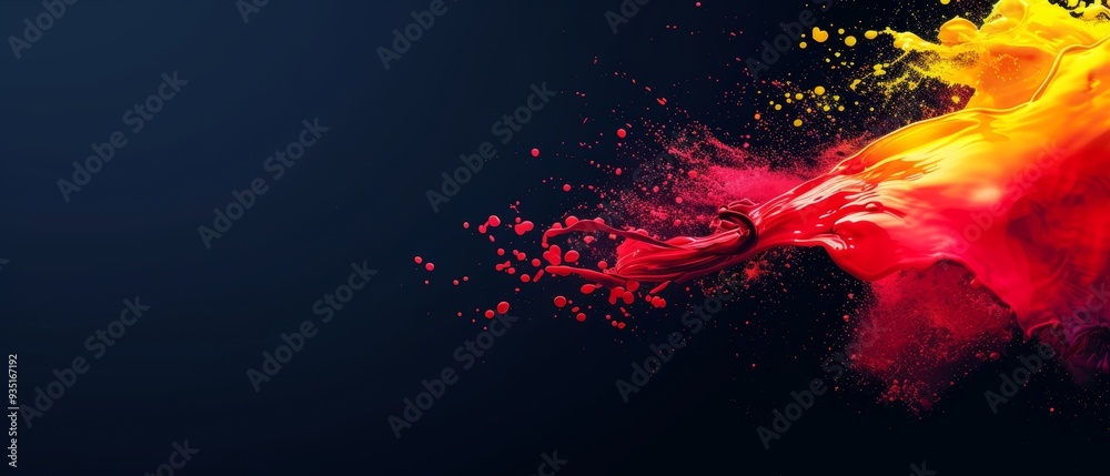  A red, yellow, and blue object flies through the air, its surface dusted in red and yellow powder