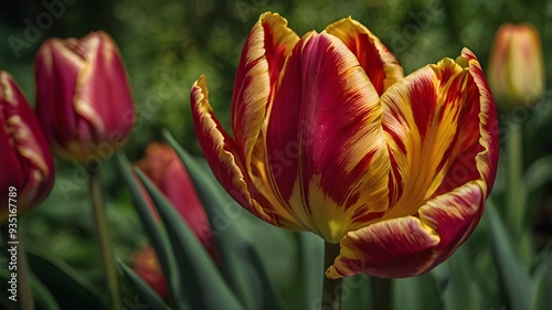 Vibrant Red and Yellow Tulips in Full Bloom.