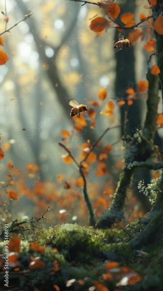 Bee flying in the autumn forest. Honey bee flying in the forest. Bee flying in the autumn forest. Honey bee flying in the forest.