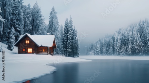 Cozy Wooden Cabin by a Snowy Lake in a Winter Wonderland with Pine Trees and Misty Atmosphere