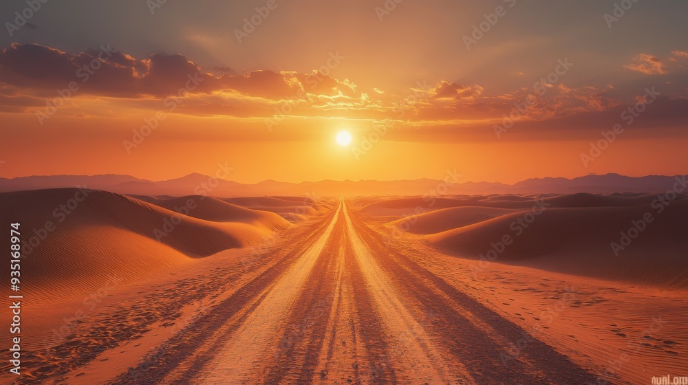 Fototapeta premium road covered with sand in the desert at sunset. Top view.