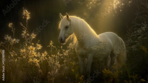 A white horse is standing in a field of flowers. The sun is shining brightly, casting a warm glow on the horse and the surrounding flowers. The scene is peaceful and serene