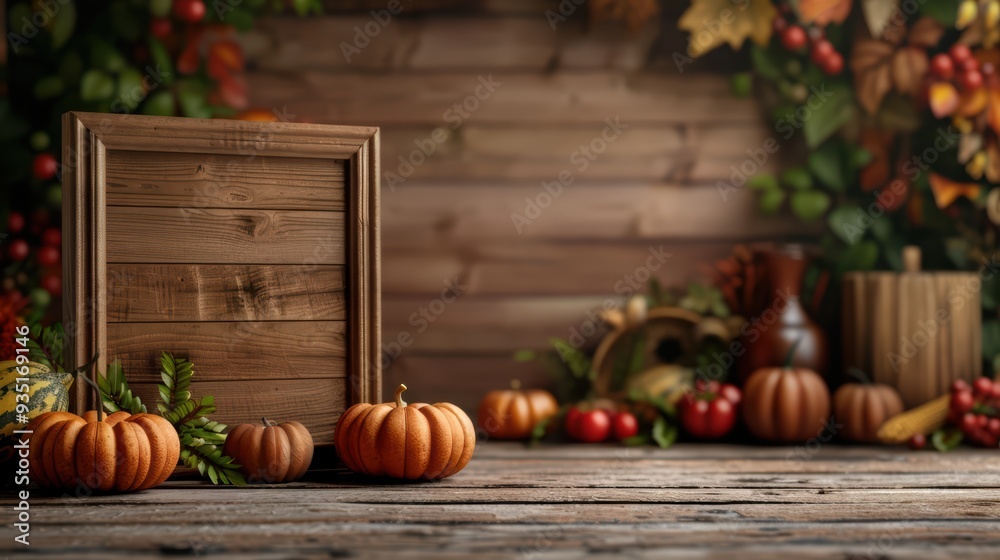 Rustic Autumn Still Life with Pumpkins, Wooden Frame, and Harvest Decorations on Wooden Table Rustic Autumn Still Life with Pumpkins, Wooden Frame, and Harvest Decorations on Wooden Table
