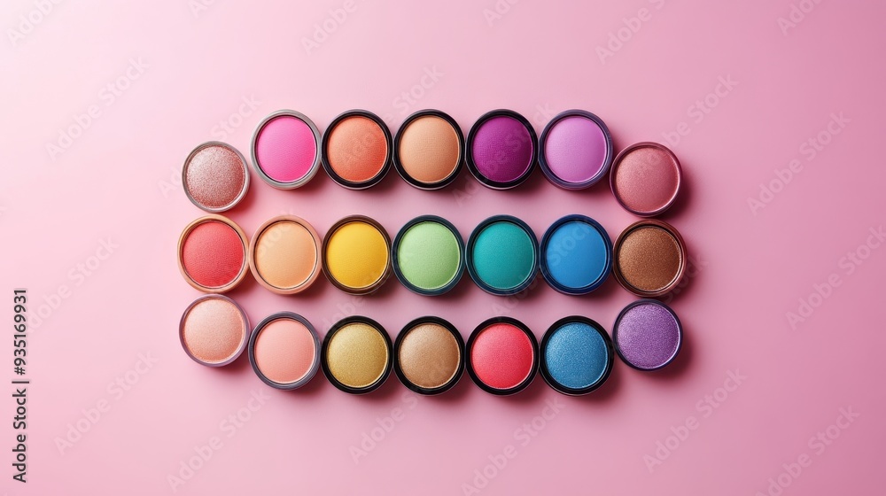 Geometric pattern with refill eye shadow swatches,Various Colorful on color background,Round eyeshadows,cosmetics design minimal style,beauty background,flat lay,neutral color powder for makeup. Geometric pattern with refill eye shadow swatches,Various Colorful on color background,Round eyeshadows,cosmetics design minimal style,beauty background,flat lay,neutral color powder for makeup.