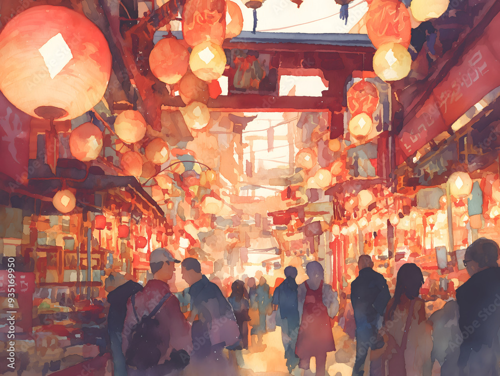 Naklejka premium 中国民俗元宵节夜晚热闹的灯会场景