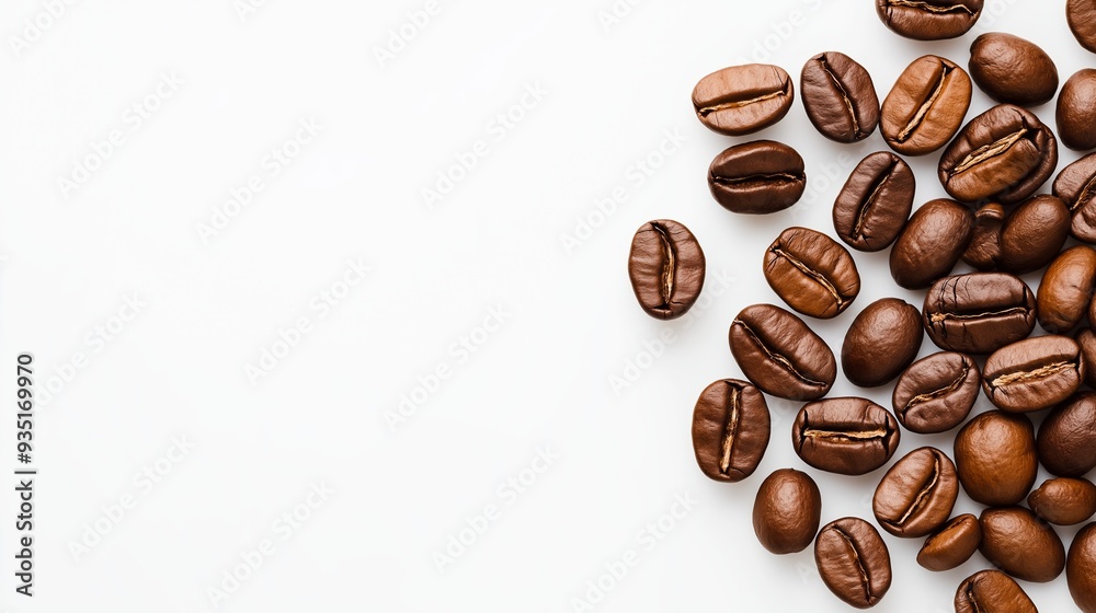 Obraz premium A close up of coffee beans on a white background. The beans are of different sizes and shapes, and they are scattered across the surface. Concept of warmth and comfort