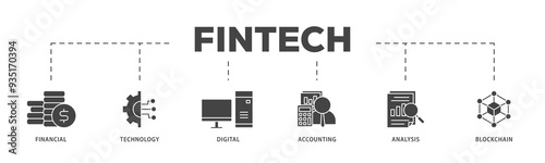 Fintech icons process structure web banner illustration of financial, technology, digital, accounting, analysis and blockchain icon png transparent background.