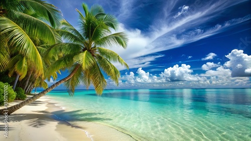 Tropical paradise with palm trees, turquoise waters, and sandy beaches
