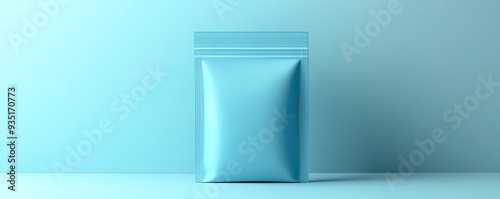 Wallpaper Mural Plain matte sky blue box for singleuse sachets, with a matching matte sky blue sachet displayed outside, background color E1F6FF Torontodigital.ca