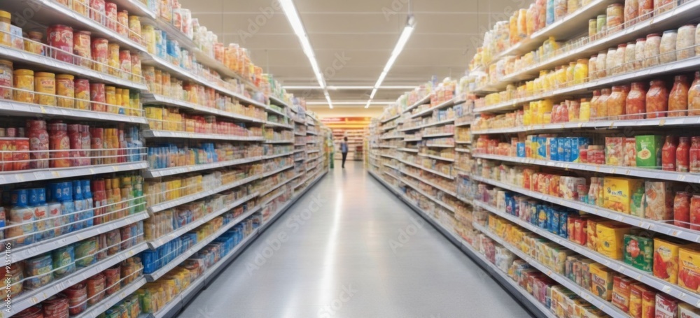 Supermarket Aisle Filled with Various Food Items, Clean and Orga Supermarket Aisle Filled with Various Food Items, Clean and Orga