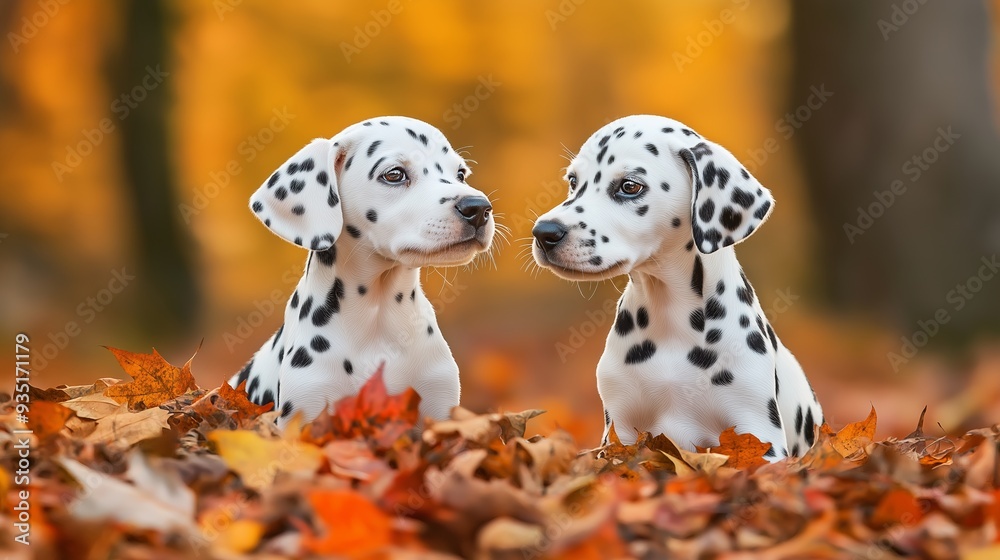 Obraz premium Two Dalmatian puppies are sitting on a pile of leaves. Scene is playful and lighthearted
