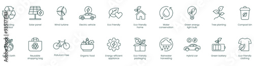 Recycling Symbol, Solar Panel, Wind Turbine, Electric Vehicle, Eco-Friendly, Eco-Friendly Home, Water Conservation, Green Energy Light Bulb, Tree Planting, Compost Bin, Green Earth vector icons