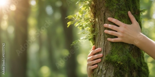 Serene hands cradle moss-covered tree in luscious forest, sunlig photo