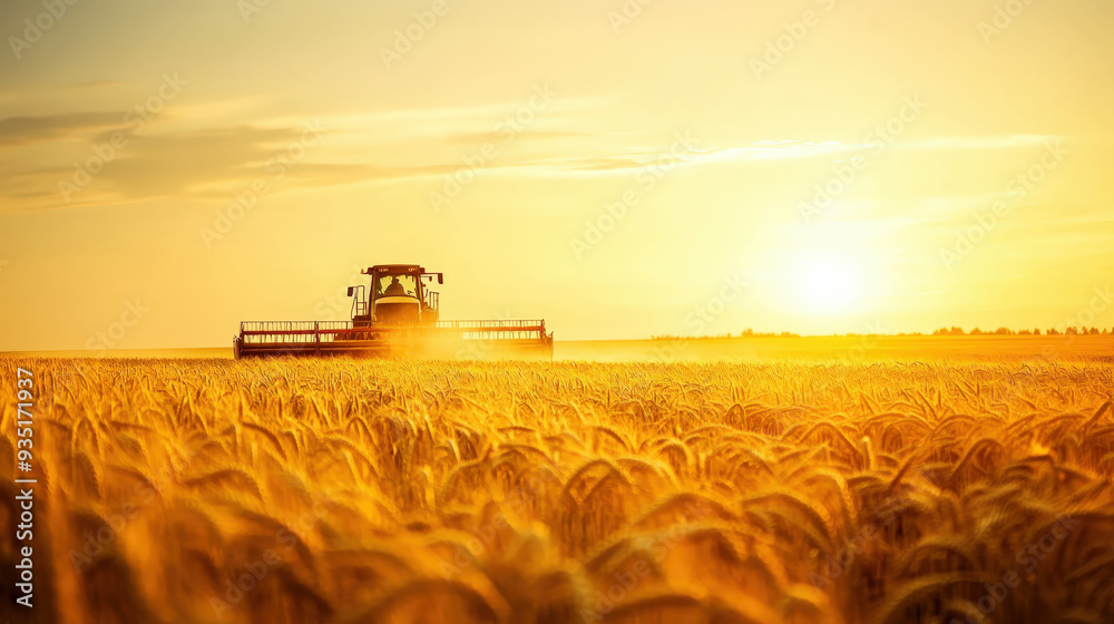 Fototapeta premium Wheat harvesting with combine harvesters at sunset in golden field