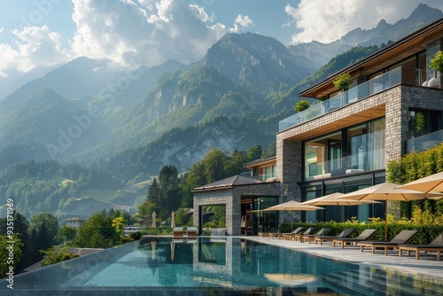 Luxurious mountain resort with pool and sun umbrellas under a bright blue sky, nestled in the Alps, showcasing modern hotel architecture.