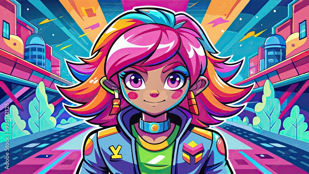 Colorful Anime Girl in Neon City Landscape Colorful Anime Girl in Neon City Landscape