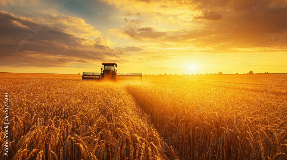 Fototapeta premium Wheat harvesting with combine harvesters at sunset in golden field