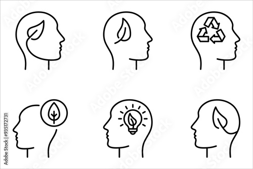 Leaf and Person Brain Ecology Environment Concept Line Icon set. Plant in Human Head Linear Pictogram. vector illustration on white background