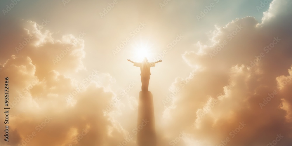 Silhouetted figure embracing the sun atop tall tower in serene,