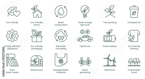 Eco-Friendly, Eco-Friendly Home, Water Conservation, Green Energy Light Bulb, Tree Planting, Compost Bin, Energy Efficient Appliance, Eco-Friendly Packaging, Rainwater Harvesting vector icons