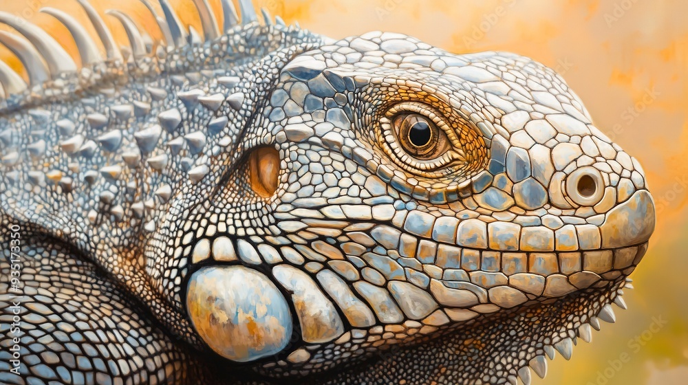 Obraz premium Detailed close-up of an iguana with intricate scales and a focused gaze creating a striking and exotic wildlife portrait 