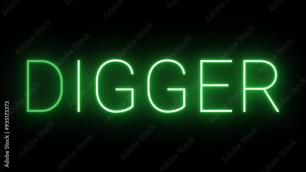 Flickering neon green glowing digger text animated on black background Flickering neon green glowing digger text animated on black background