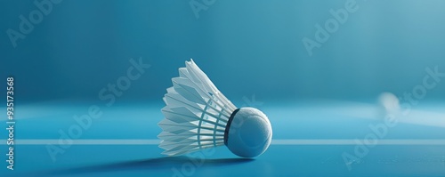 A badminton shuttlecock resting on a blue court