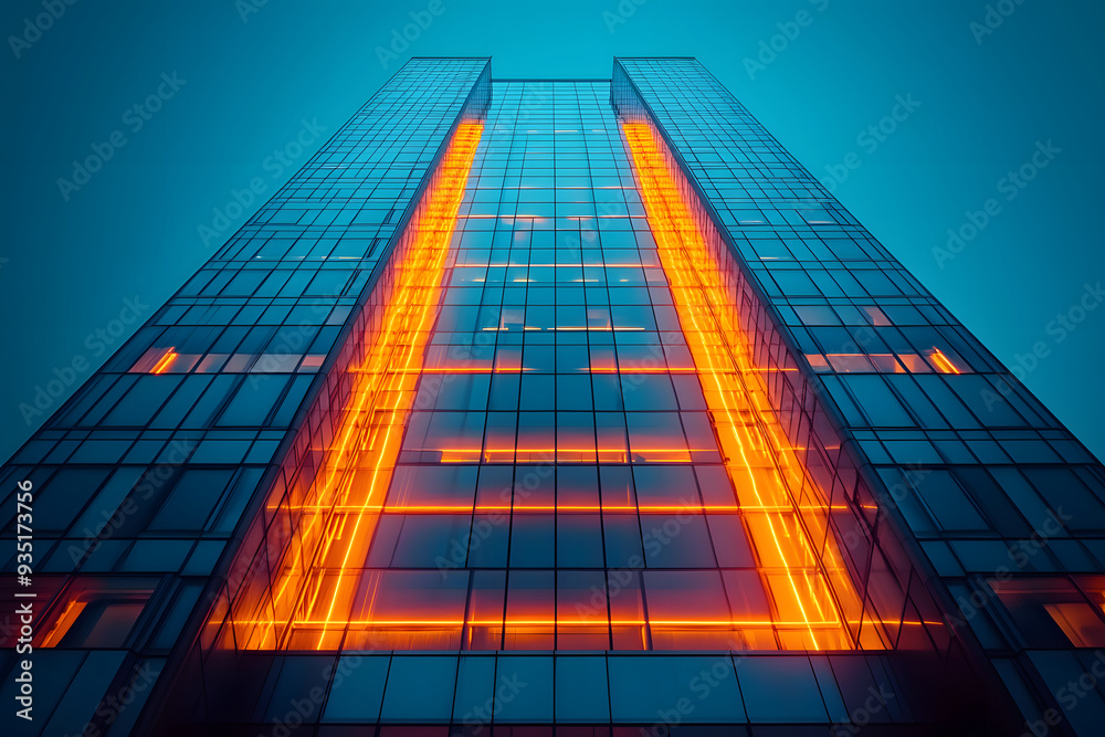 Bottom view of modern skyscraper with glowing neon lights in business district. Futuristic architecture. Generative AI Bottom view of modern skyscraper with glowing neon lights in business district. Futuristic architecture. Generative AI