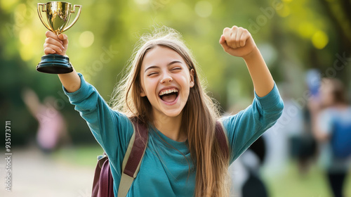 Excited girl holding trophy outdoors in celebration of success