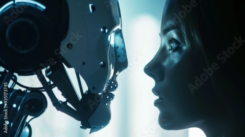 Woman opposite AI. The concept of the confrontation between humanity and artificial intelligence.