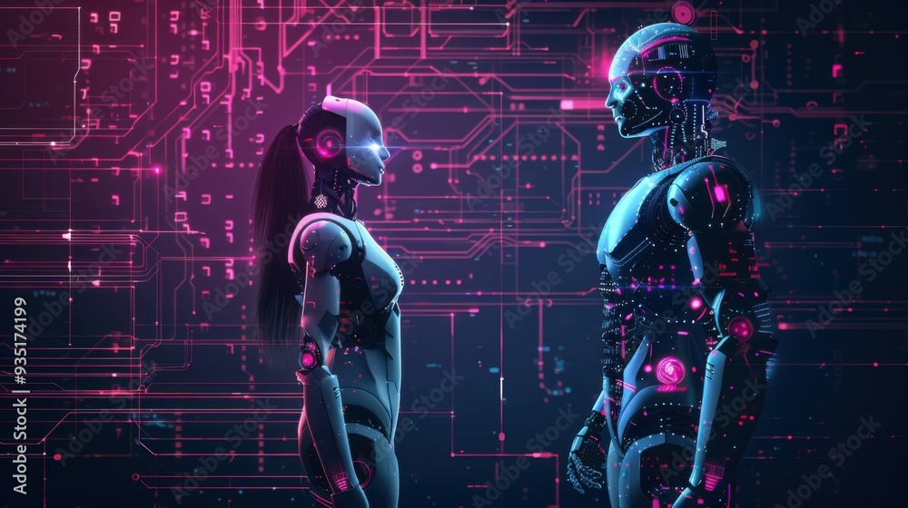 a human talking to a robotic artificial intelligence. a human talking to a robotic artificial intelligence.