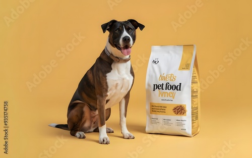dog sitting next to clean white pet food package, yellow background