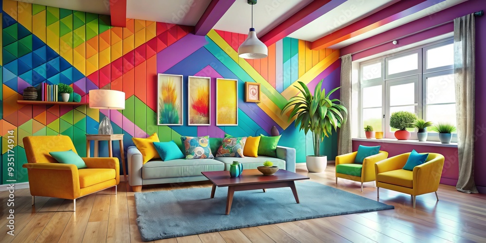 Fototapeta premium vibrant colorful abstract building logo fusion with whimsical dreamy home interior decor eclectic furniture bold color blocking and playful creative textures
