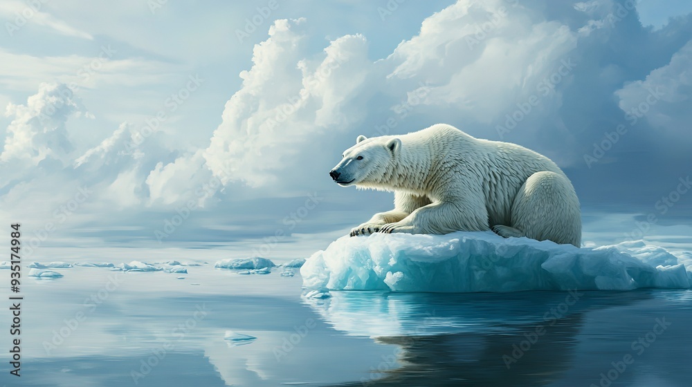 Naklejka premium A polar bear stranded on a shrinking ice floe