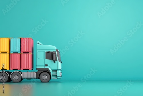 A colorful cargo truck transporting containers against a vibrant teal background, perfect for logistics and transportation themes. photo