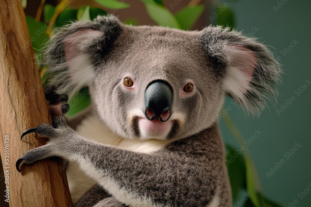 Naklejka premium A cute koala perched on a tree, showcasing its endearing features and fluffy fur, set against a natural background.