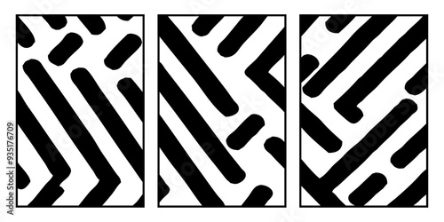 Set of 3 Abstract black and white pattern. For use in graphics. Minimalist illustration for printing on wall decorations