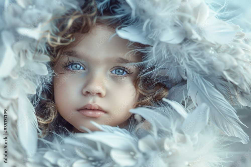 In a serene field, a little girl with angel wings stands gracefully, representing the spirit of childhood and imagination, A sweet-faced angel with fluffy white wings, AI generated In a serene field, a little girl with angel wings stands gracefully, representing the spirit of childhood and imagination, A sweet-faced angel with fluffy white wings, AI generated