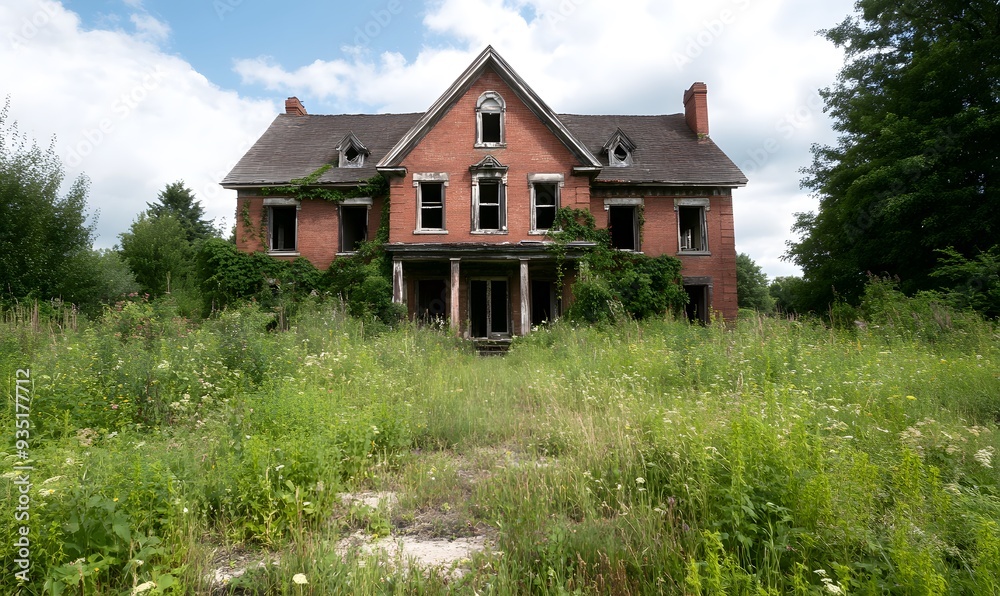 old decaying mansion surrounded by overgrown weeds, Generative AI old decaying mansion surrounded by overgrown weeds, Generative AI