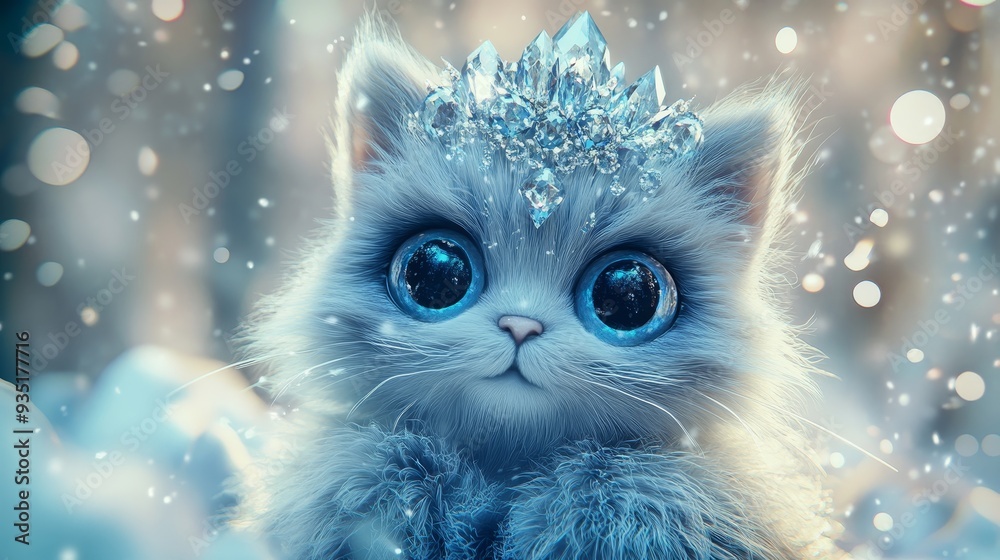An adorable creature with a full body and large, expressive eyes, featuring soft, fluffy fur and intricate crystal markings. Its captivating face shines against a bokeh-enhanced winter forest backdrop An adorable creature with a full body and large, expressive eyes, featuring soft, fluffy fur and intricate crystal markings. Its captivating face shines against a bokeh-enhanced winter forest backdrop