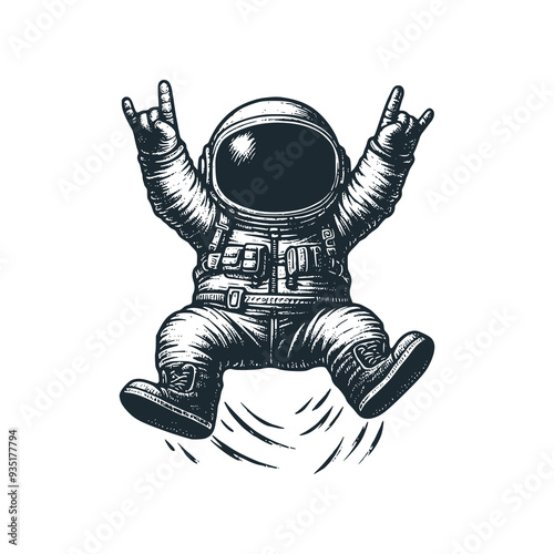 Cute astronaut jumping happily. Black white vector icon and logo illustration.