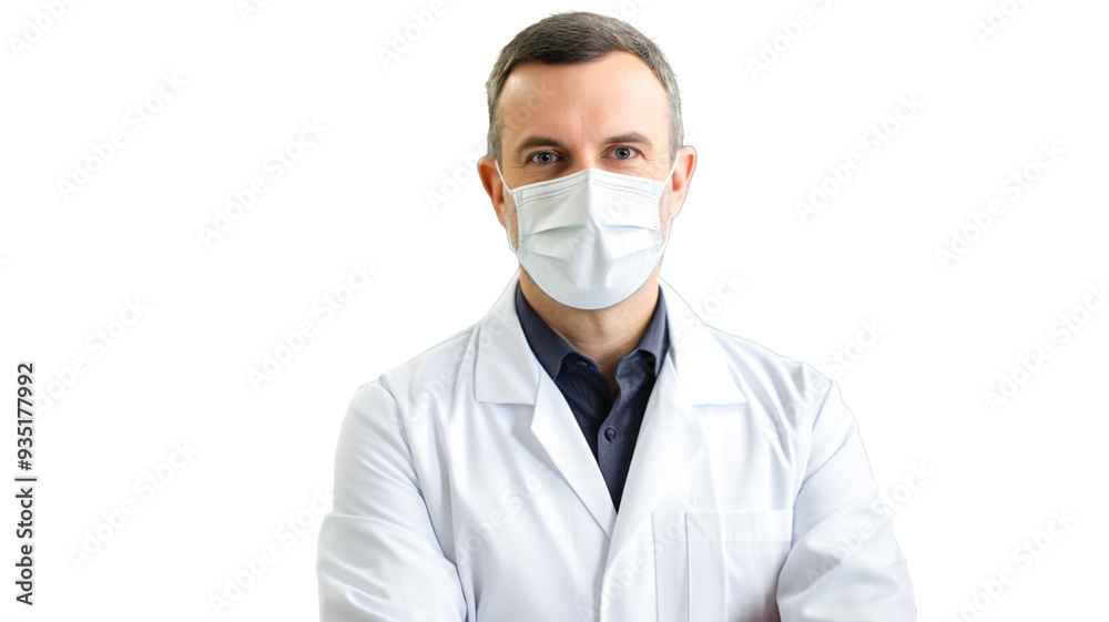 Handsome doctor portrait with a white coat, face mask isolate on transparency background PNG.
Handsome doctor portrait with a white coat, face mask isolate on transparency background PNG.