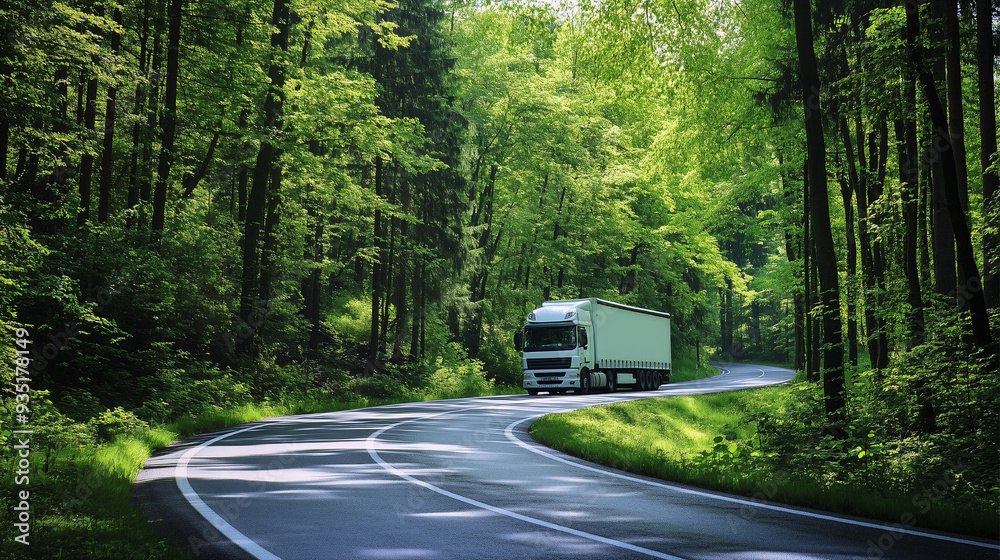 Obraz premium truck driving through green forest, bird's eye view