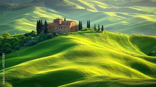 Tuscan Farmhouse Nestled Among Rolling Green Hills photo