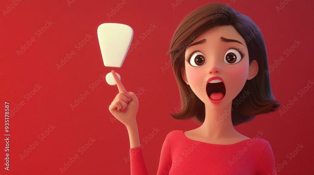 Animated woman gestures with a pointed finger upwards toward an exclamation point, conveying an exclamation or warning message. Animated woman gestures with a pointed finger upwards toward an exclamation point, conveying an exclamation or warning message.