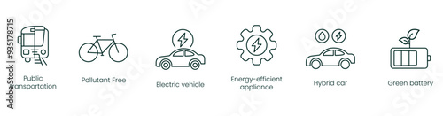 Public Transportation, Pollution-Free, Electric Vehicle, Energy Efficient Appliance, Hybrid Car, Green Battery Vector Icons