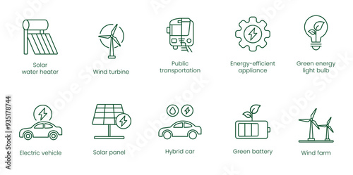 Solar Water Heater, Wind Turbine, Public Transportation, Energy Efficient Appliance, Green Energy Light Bulb, Hybrid Car, Solar Panel, Electric Vehicle, Green Battery, Wind Farm Vector Icons