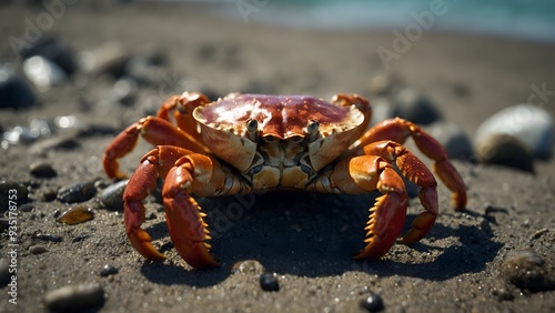 Vibrant crab moving through the shore, showcasing the lively and captivating nature of oceanic ecosystems