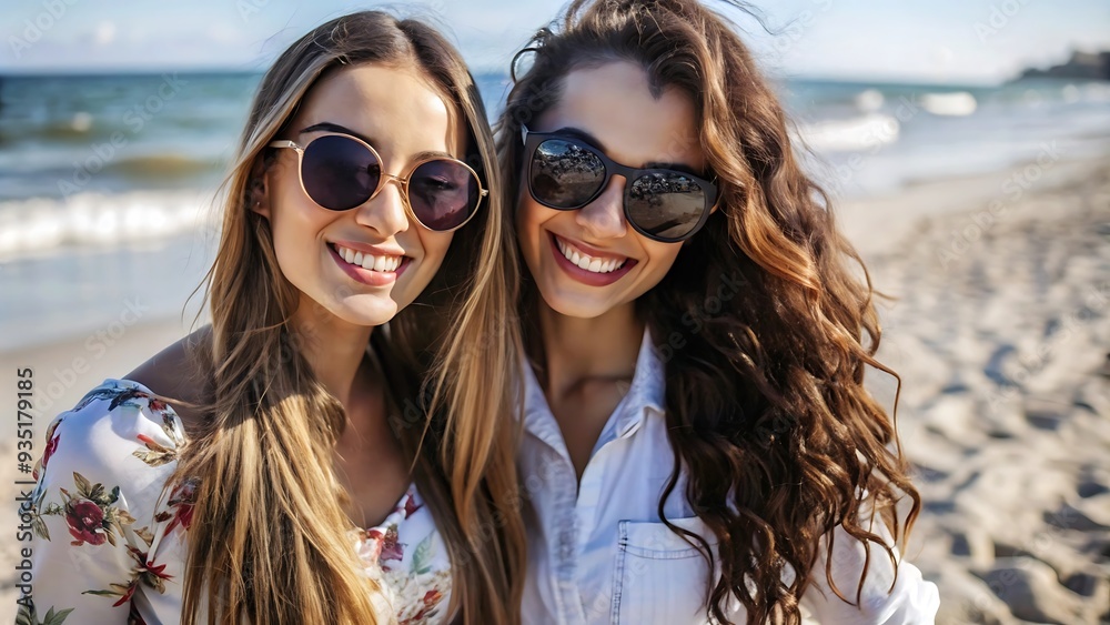 Two Smiling Women on Beach in Sunglasses. Two Smiling Women on Beach in Sunglasses.